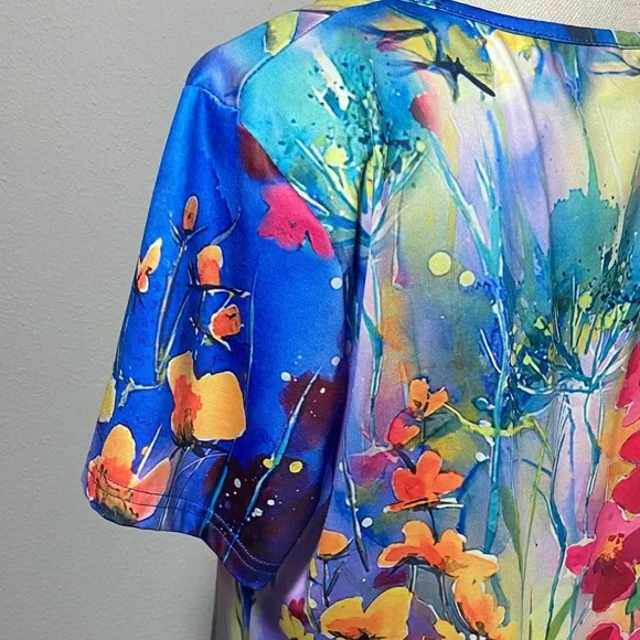Colorful Short Sleeve Dress XL Pink Purple Yellow Floral Round Neckline Breezy - Picture 5 of 9